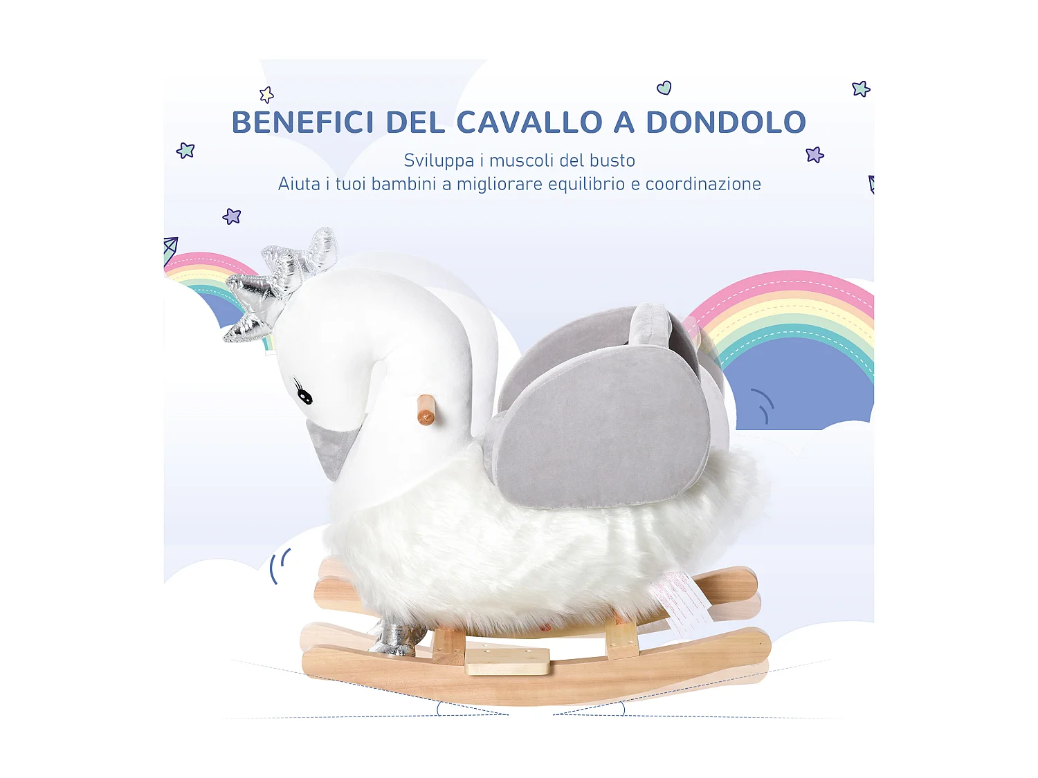 Dondolo giocattolo cigno per bambini legno e peluche bianco e grigio