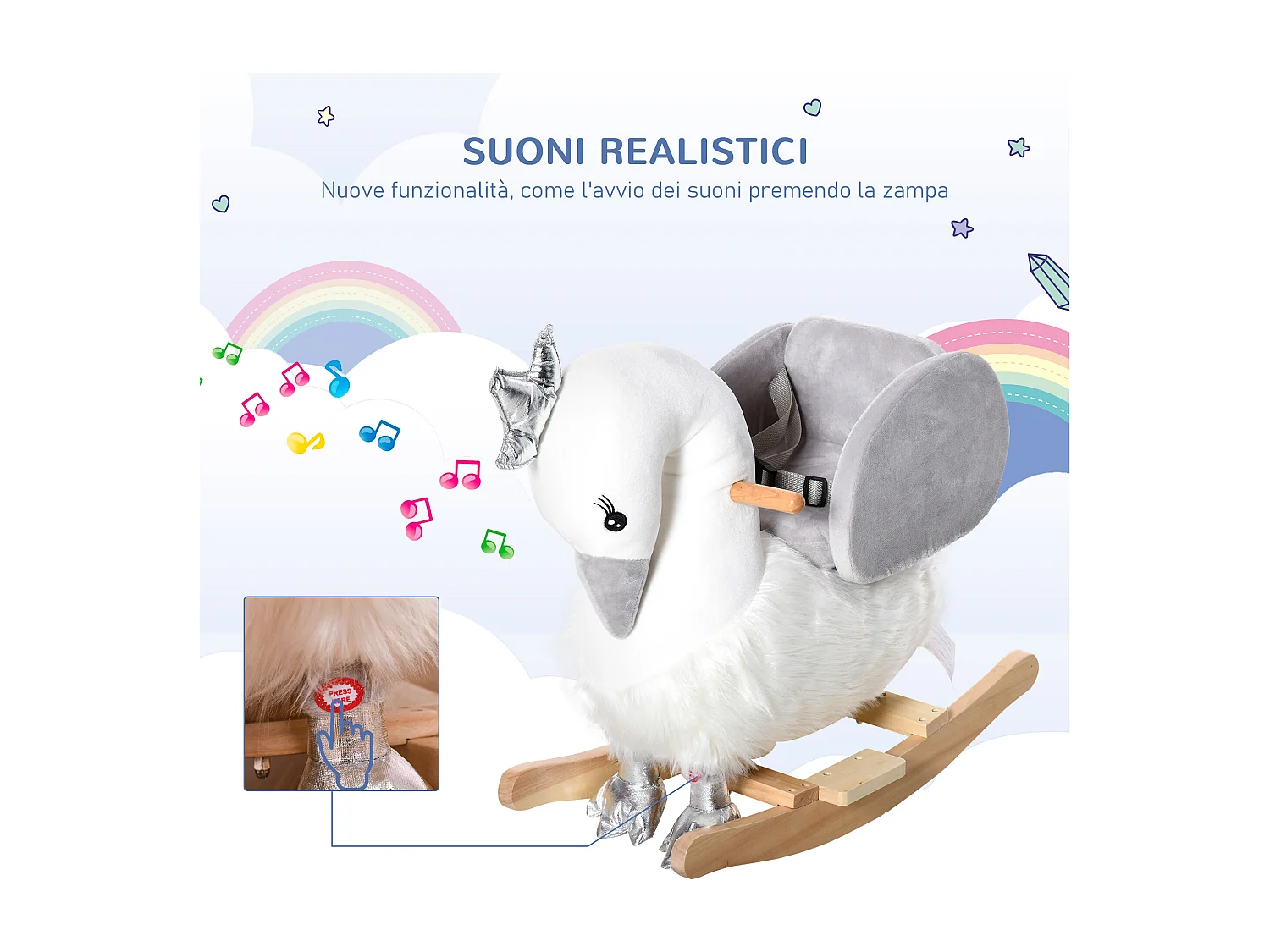 Dondolo giocattolo cigno per bambini legno e peluche bianco e grigio