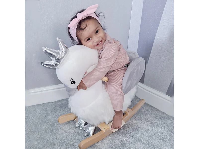 Dondolo giocattolo cigno per bambini legno e peluche bianco e grigio