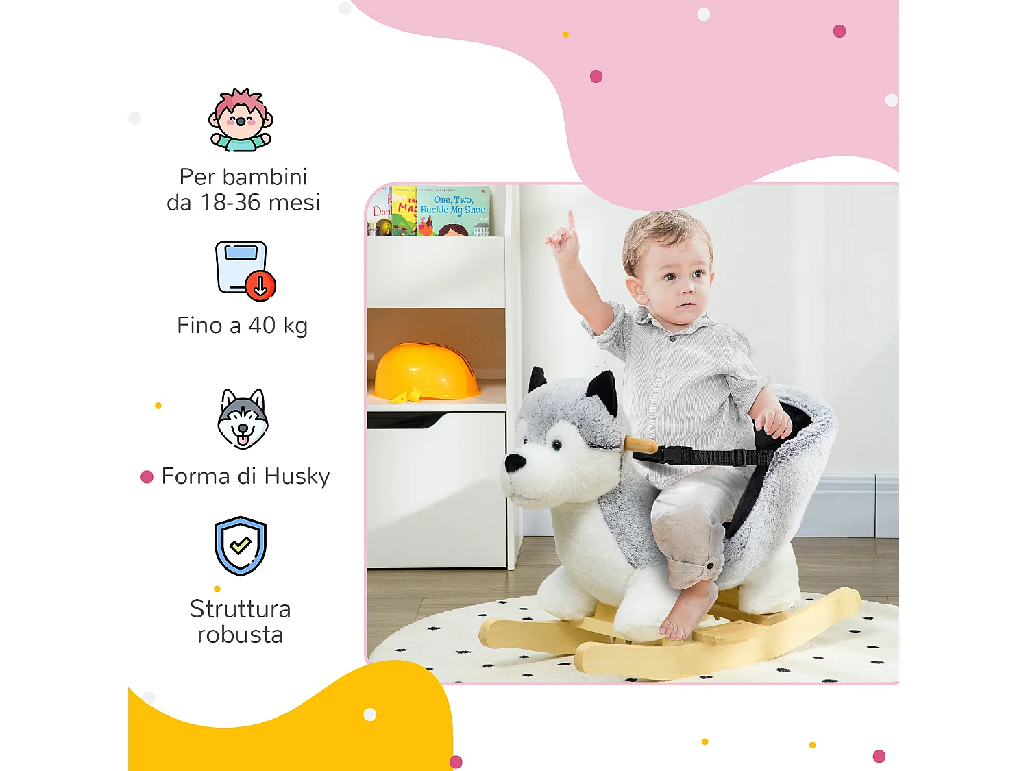 Cavallo a dondolo cane husky per bambini da 18-36 mesi grigio