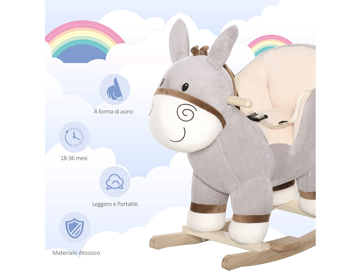 Dondolo giocattolo asino per bambini suoni realistici in legno grigio