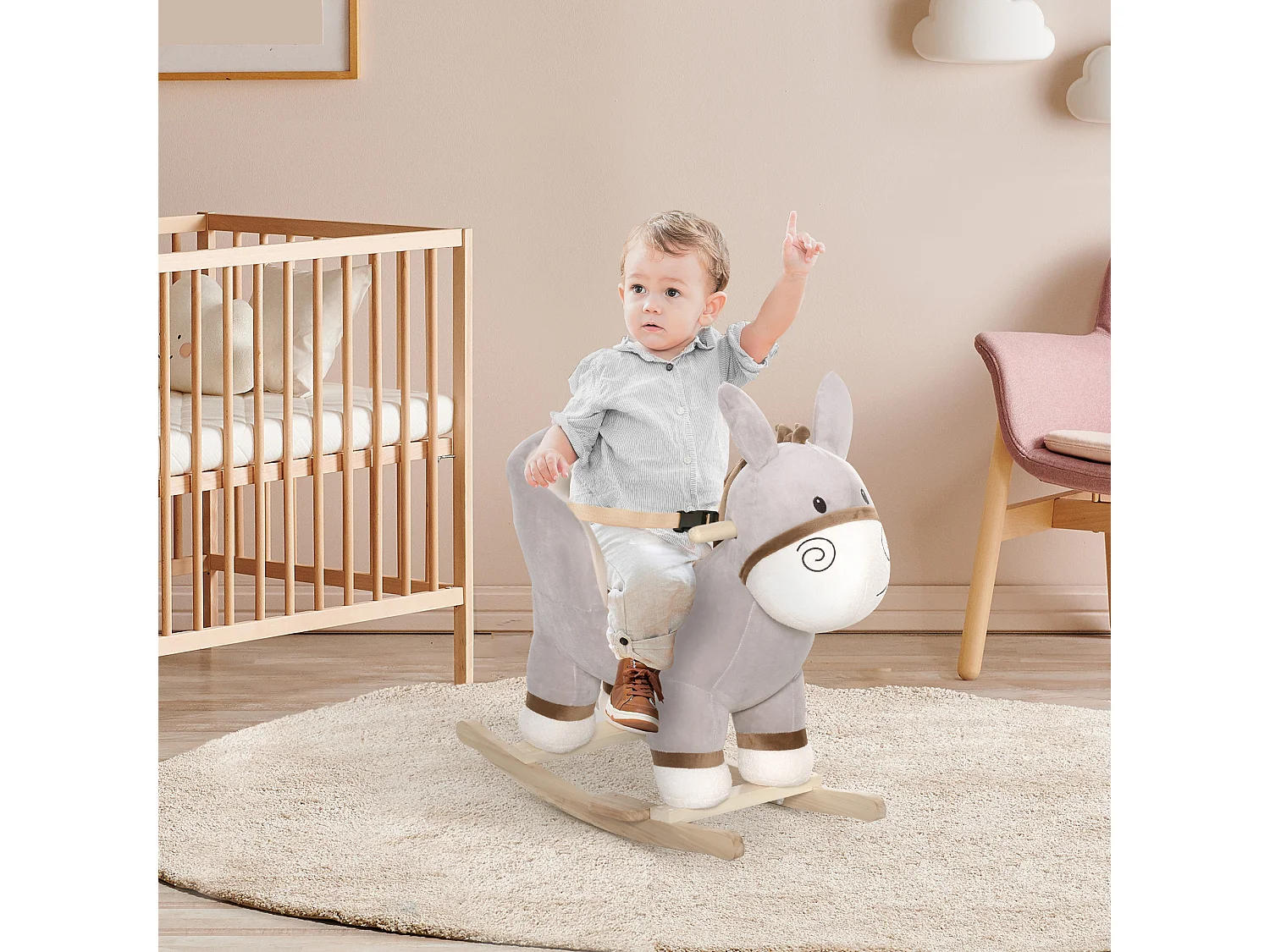 Dondolo giocattolo asino per bambini suoni realistici in legno grigio