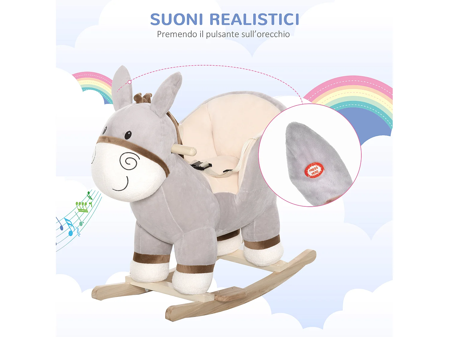 Dondolo giocattolo asino per bambini suoni realistici in legno grigio