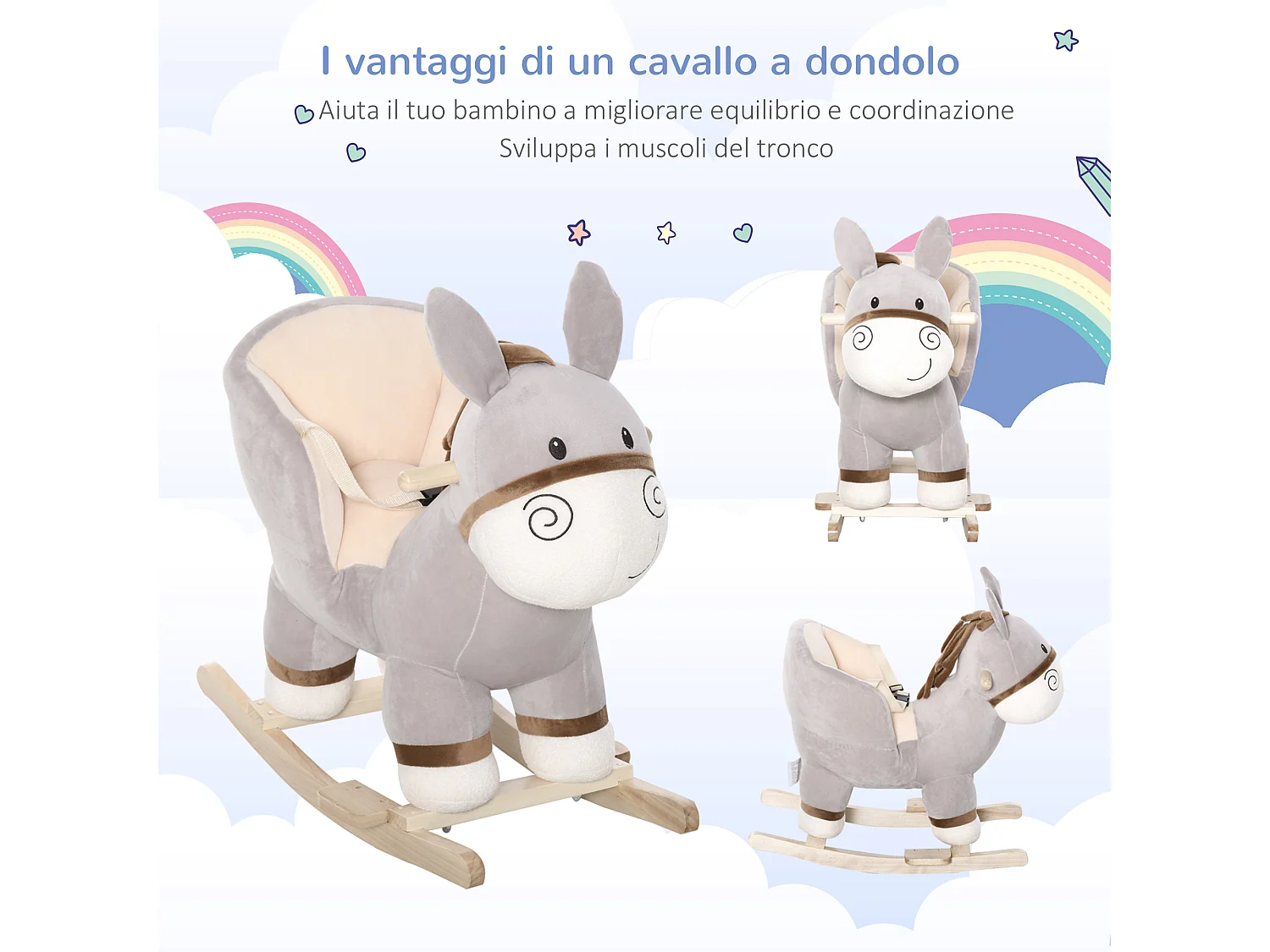 Dondolo giocattolo asino per bambini suoni realistici in legno grigio