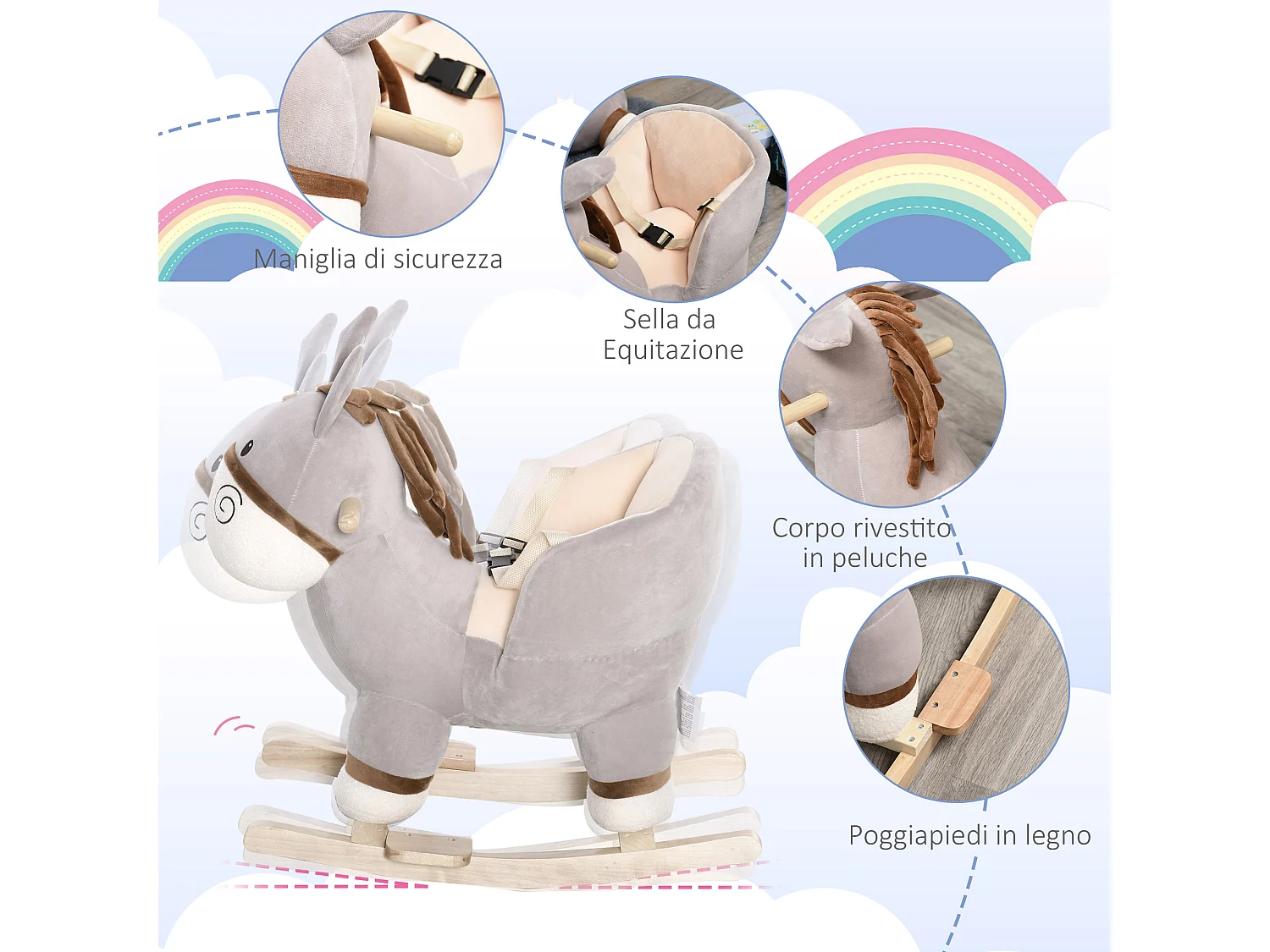 Dondolo giocattolo asino per bambini suoni realistici in legno grigio