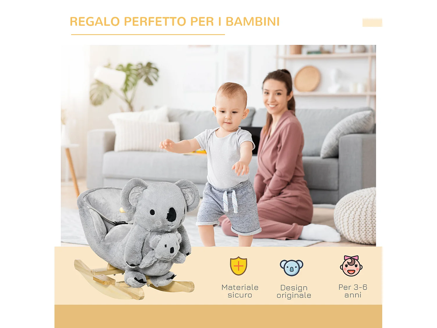Cavallo a dondolo koala per bambini 18-36 mesi 60x33x50cm