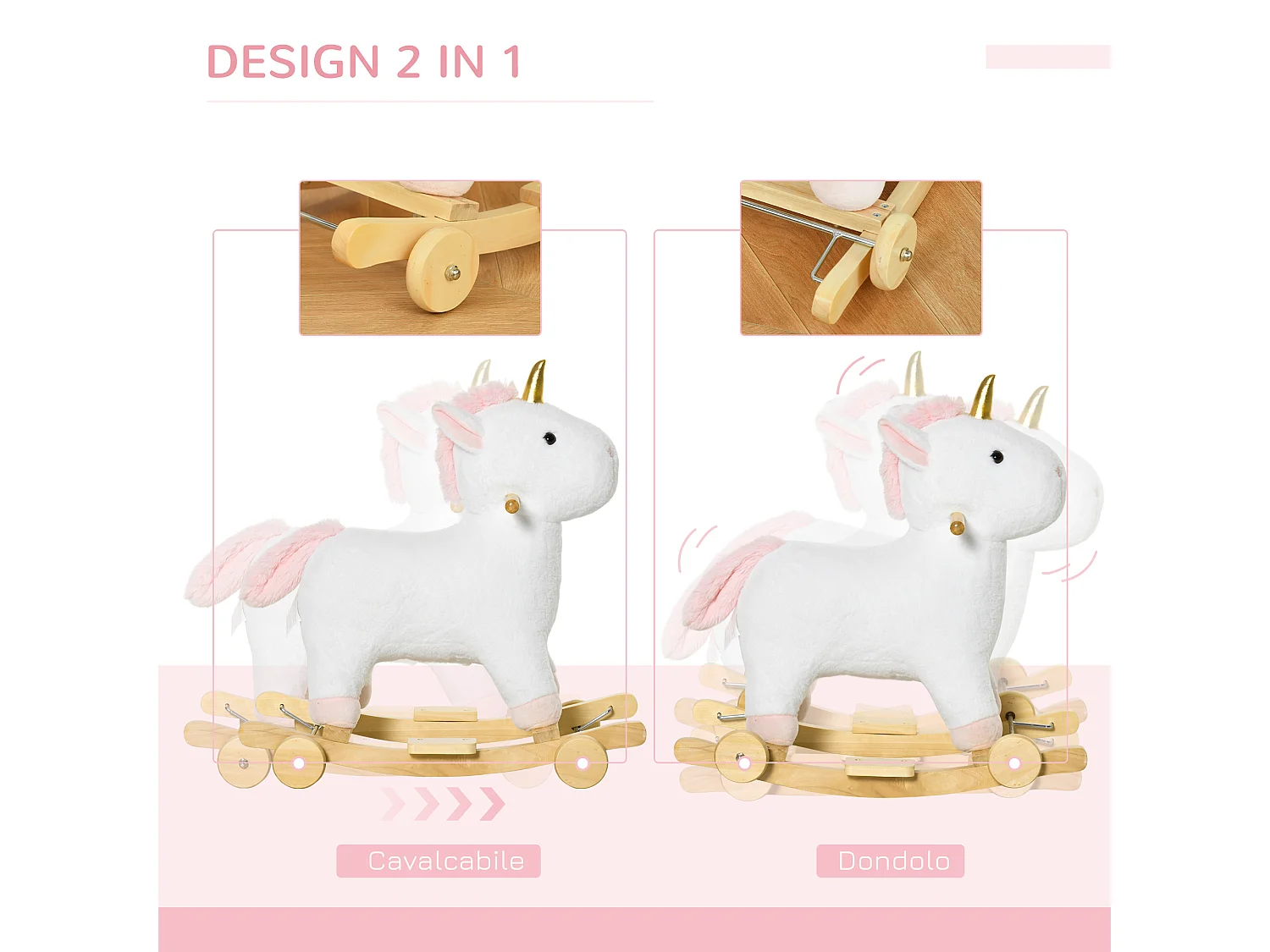 Unicorno a dondolo 2 in 1 con ruote rivestimento peluche suoni