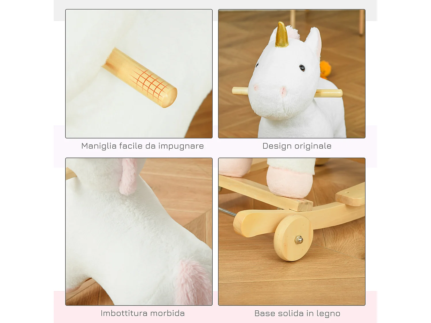 Unicorno a dondolo 2 in 1 con ruote rivestimento peluche suoni