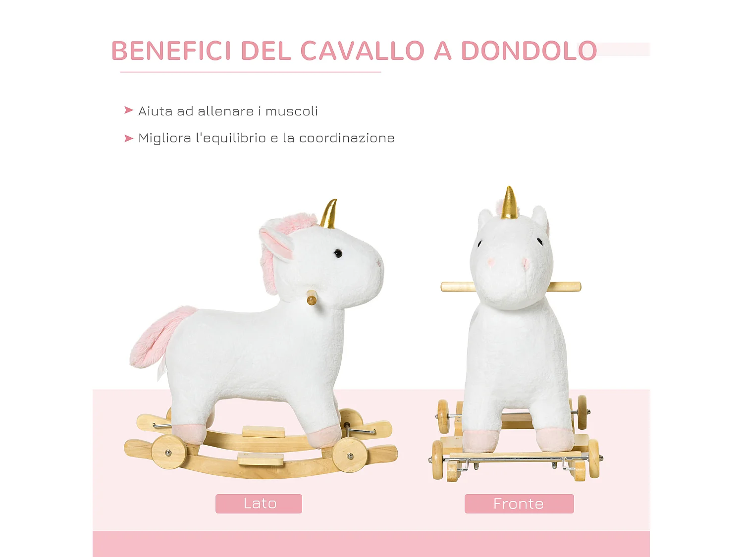 Unicorno a dondolo 2 in 1 con ruote rivestimento peluche suoni