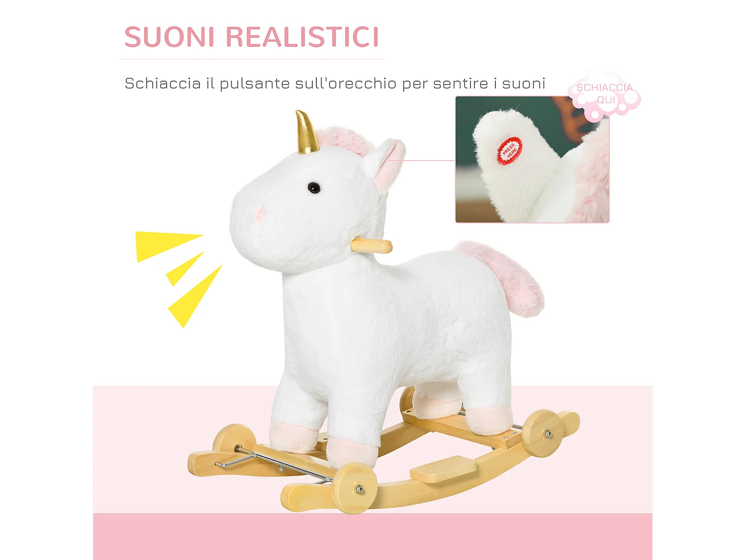 Unicorno a dondolo 2 in 1 con ruote rivestimento peluche suoni