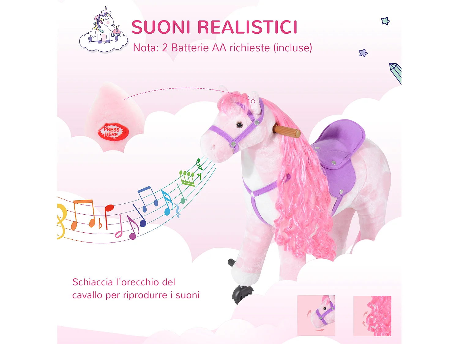 Cavallo a dondolo per bambini a 4 ruote con poggiapiedi e suoni