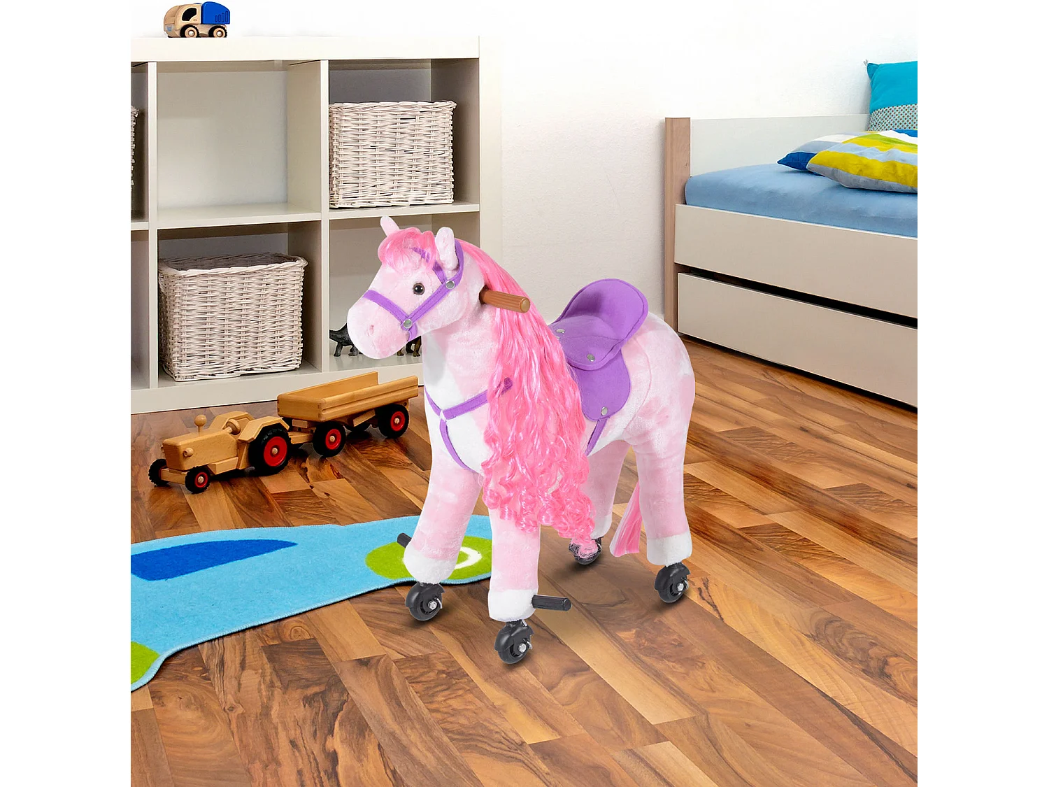 Cavallo a dondolo per bambini a 4 ruote con poggiapiedi e suoni