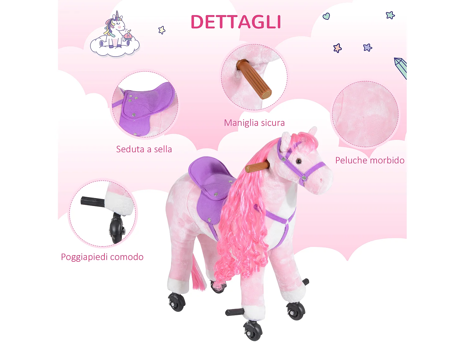 Cavallo a dondolo per bambini a 4 ruote con poggiapiedi e suoni