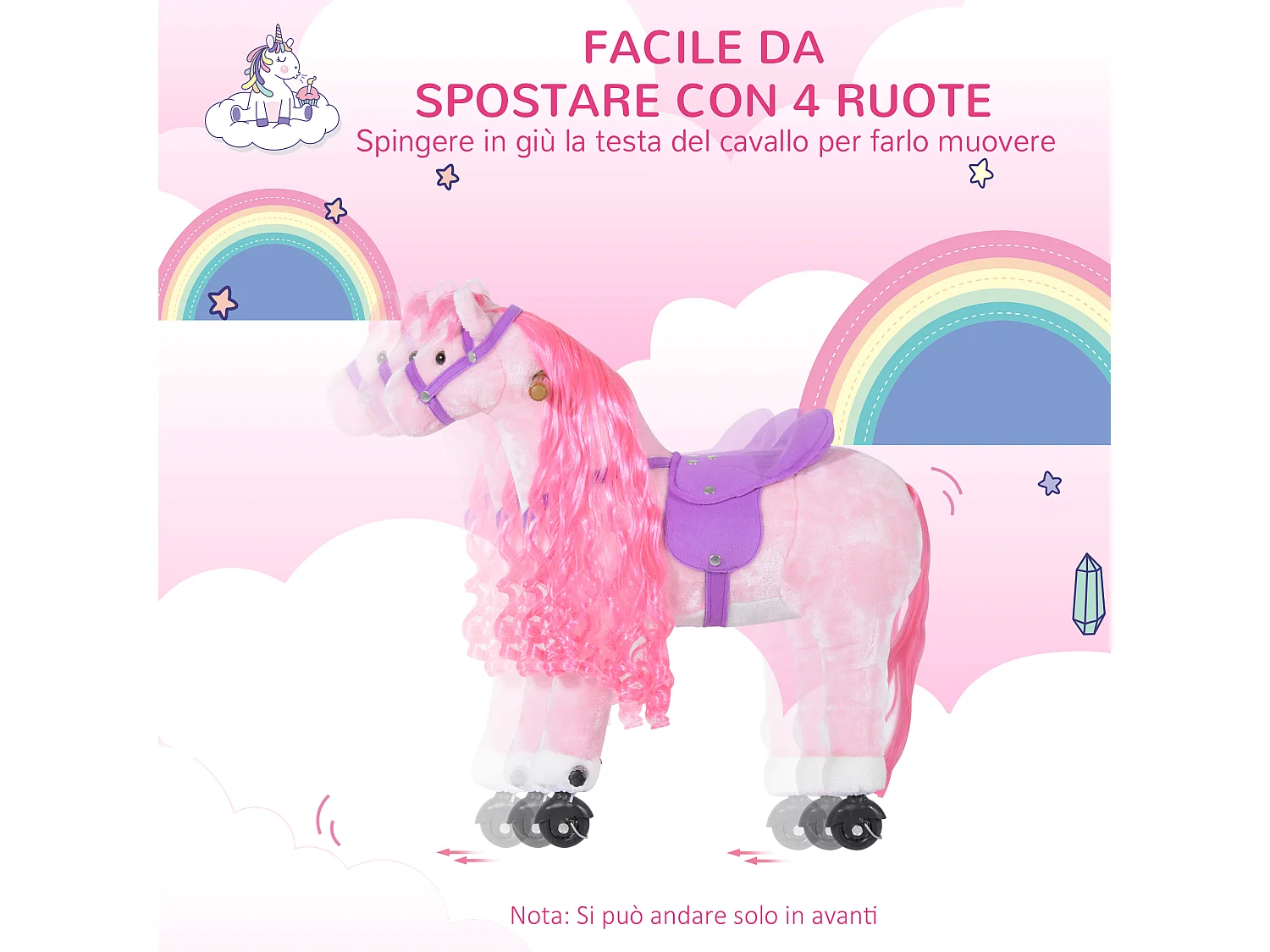 Cavallo a dondolo per bambini a 4 ruote con poggiapiedi e suoni