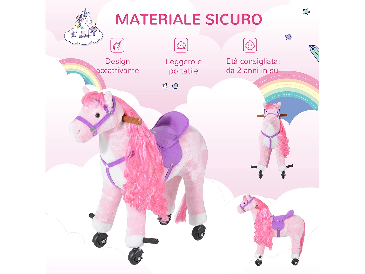 Cavallo a dondolo per bambini a 4 ruote con poggiapiedi e suoni