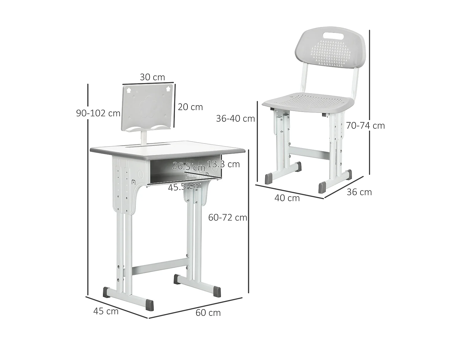 Banco scuola con sedia regolabile età 6-12 anni grigio