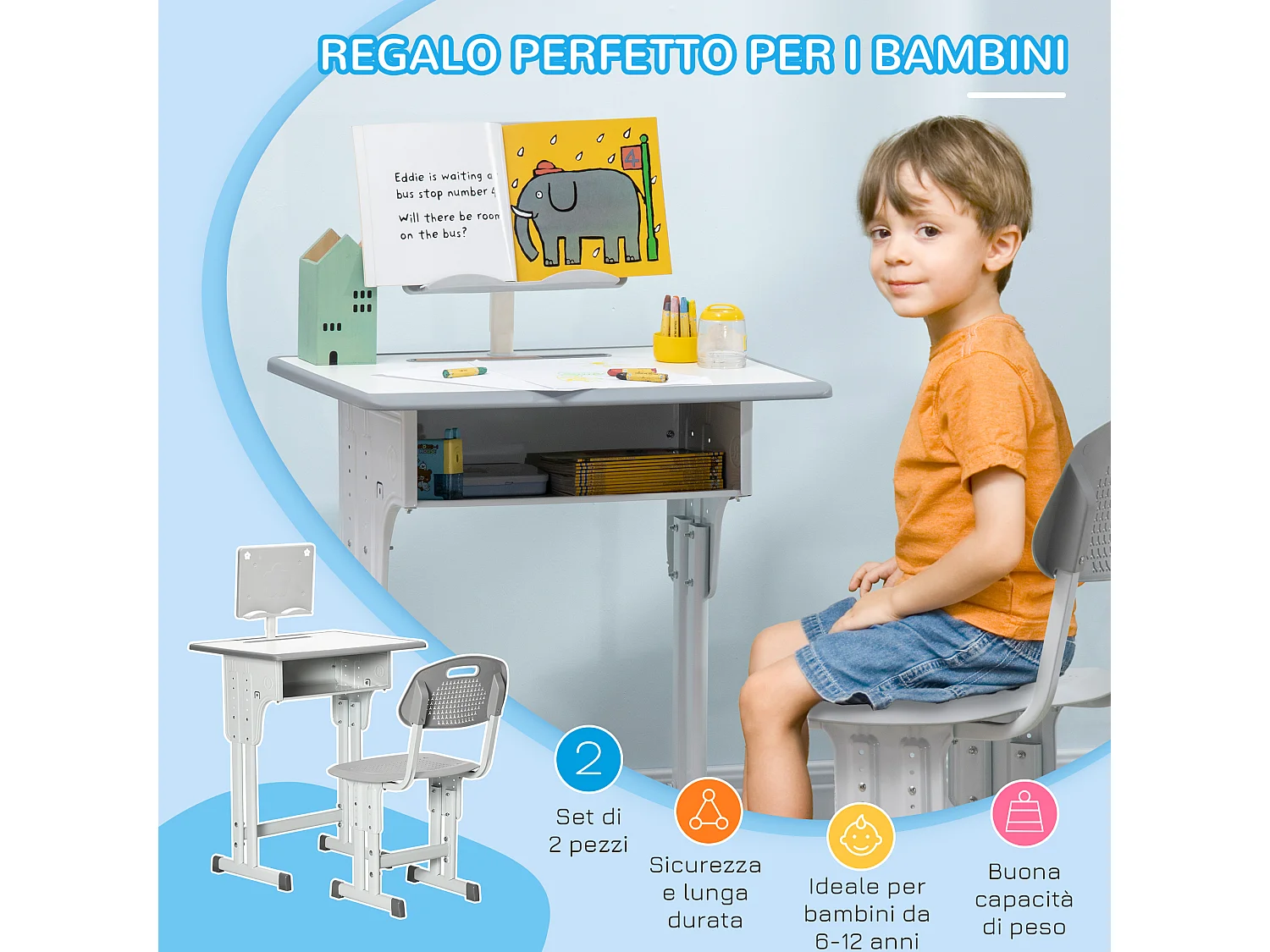 Banco scuola con sedia regolabile età 6-12 anni grigio