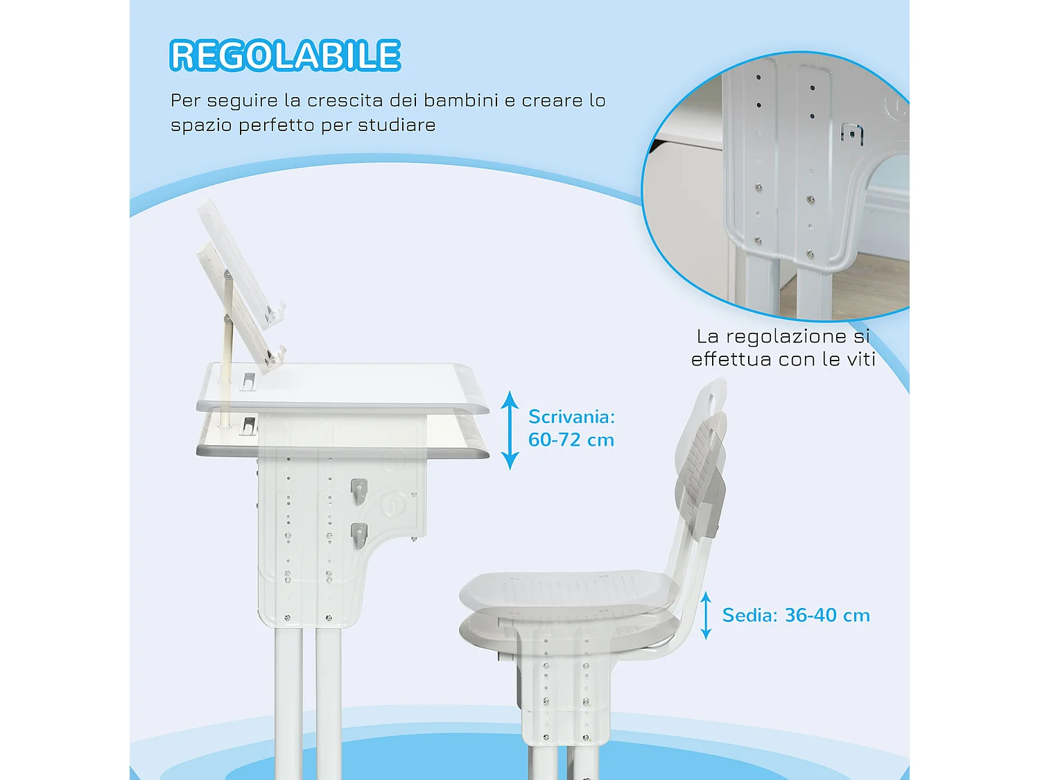 Banco scuola con sedia regolabile età 6-12 anni grigio
