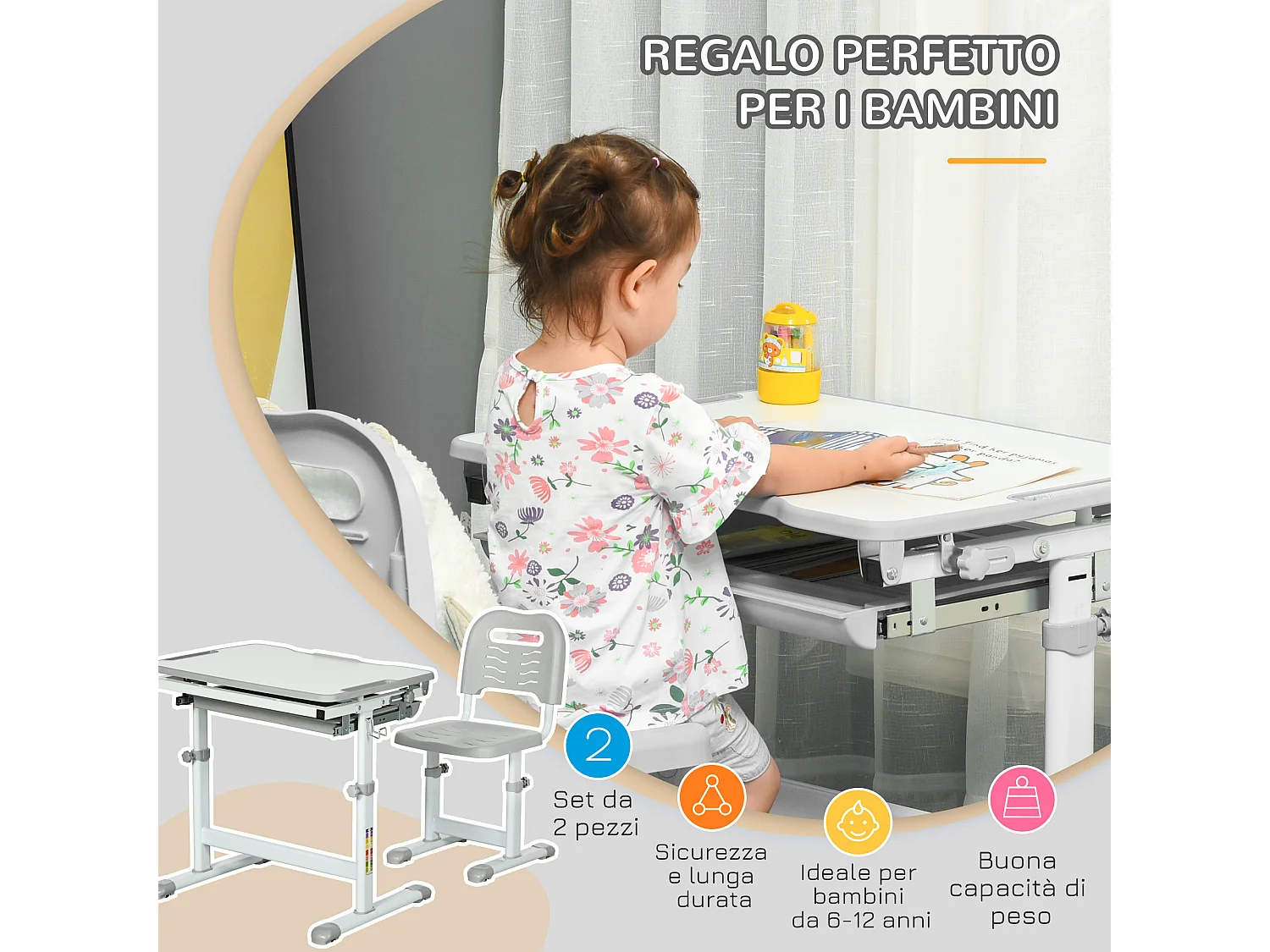 Banco scuola con sedia ad altezza regolabile e piano inclinabile