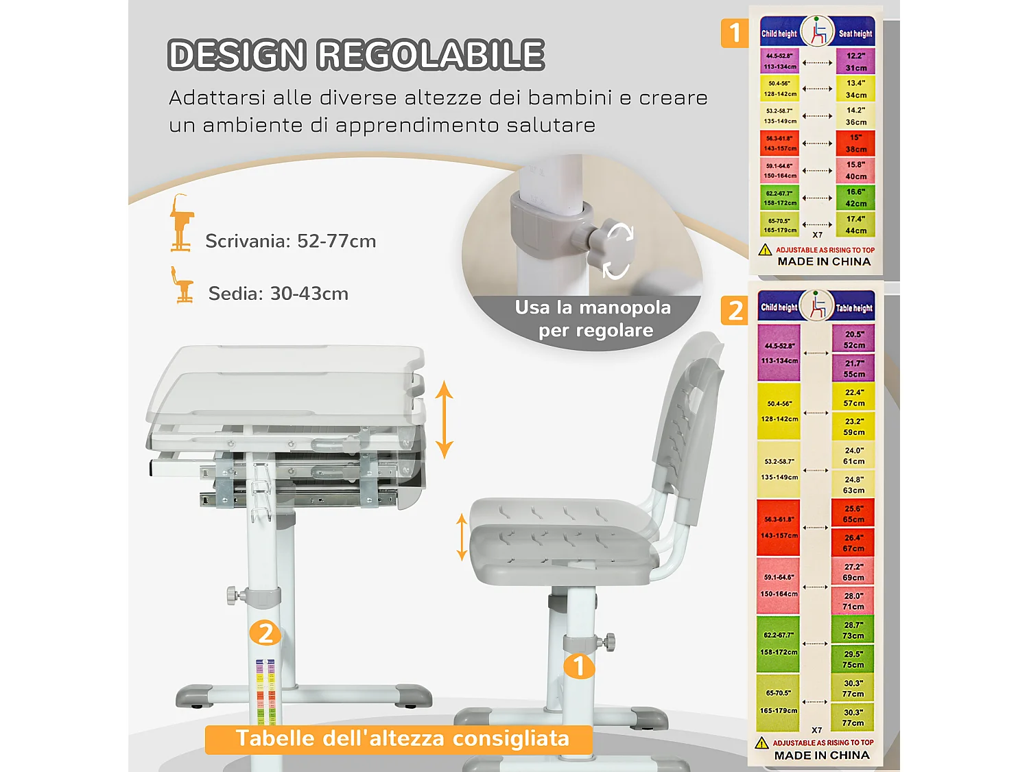 Banco scuola con sedia ad altezza regolabile e piano inclinabile