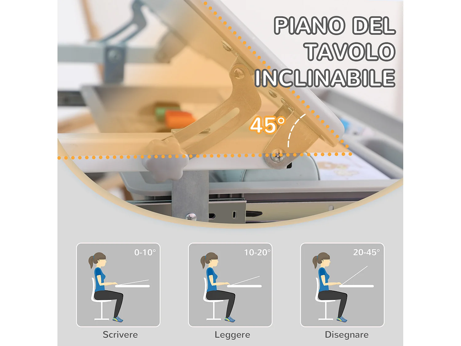 Banco scuola con sedia ad altezza regolabile e piano inclinabile