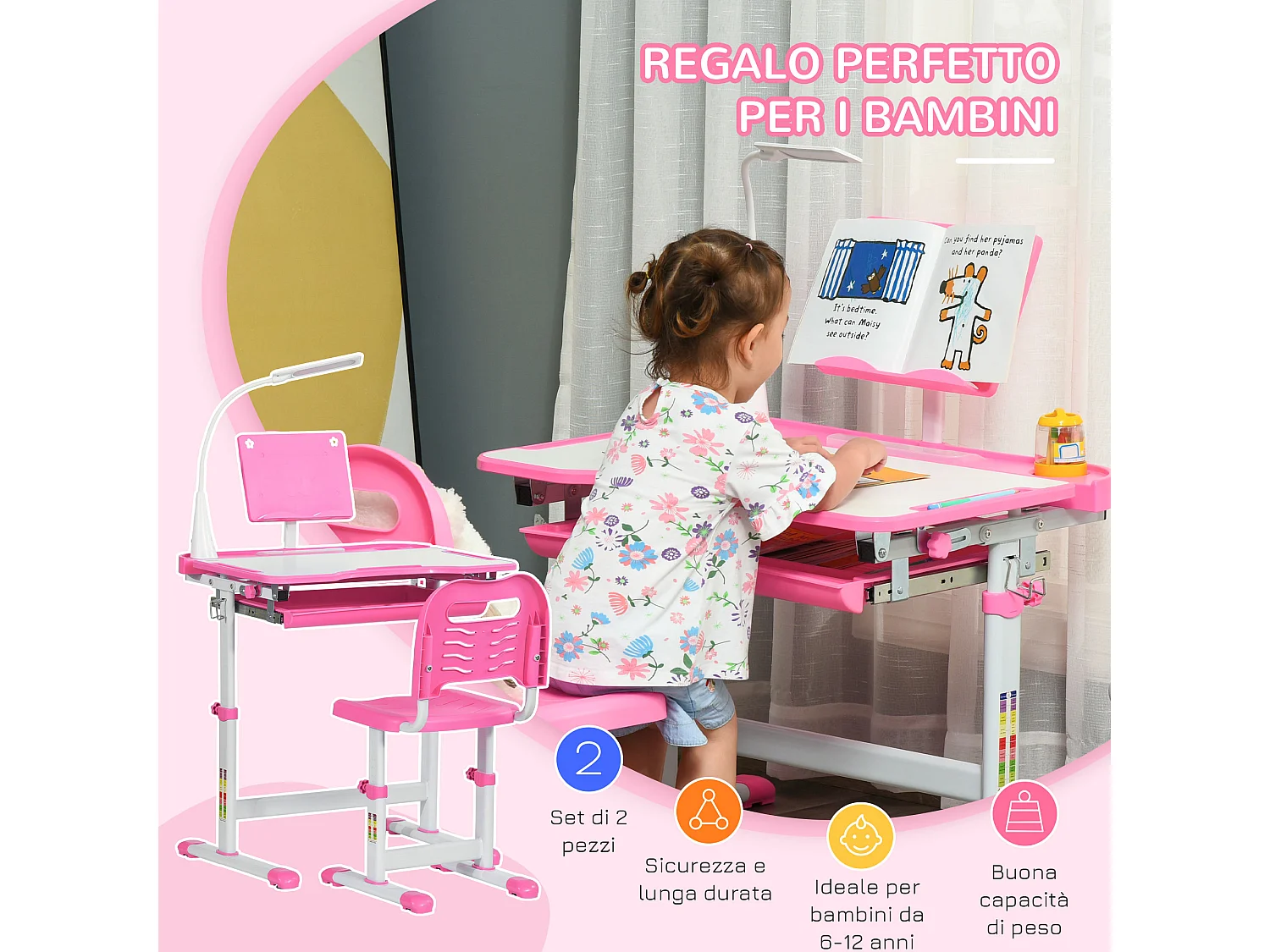 Banco scuola con sedia bimbi 6-12 anni altezza regolabile rosa