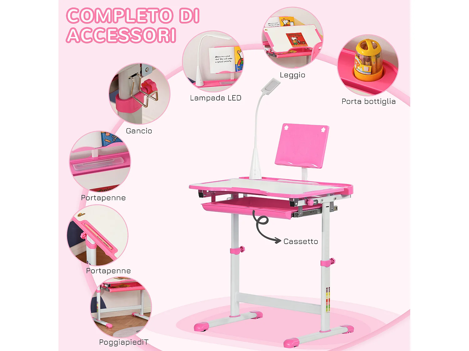 Banco scuola con sedia bimbi 6-12 anni altezza regolabile rosa