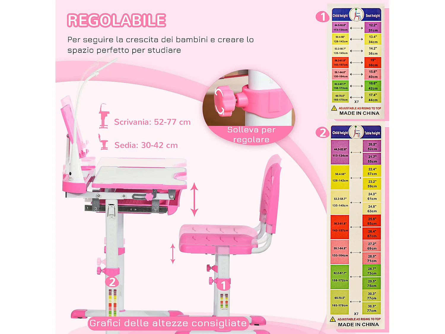 Banco scuola con sedia bimbi 6-12 anni altezza regolabile rosa