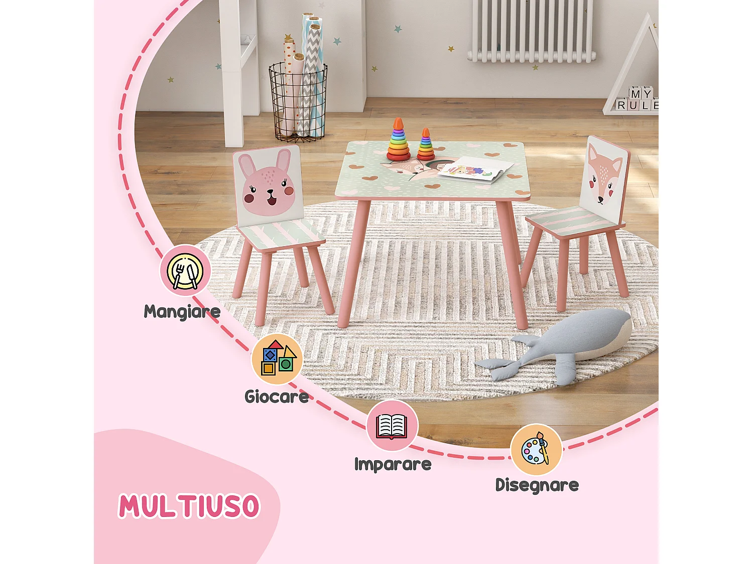 Set tavolo e sedie 3 pezzi per bambini 3-8 anni rosa