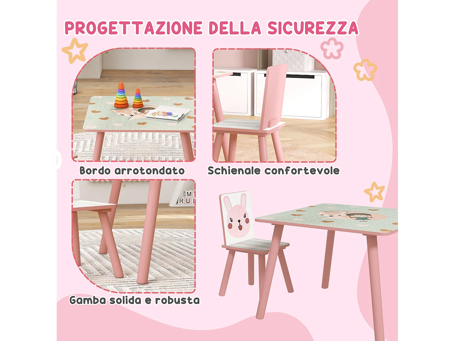 Set tavolo e sedie 3 pezzi per bambini 3-8 anni rosa