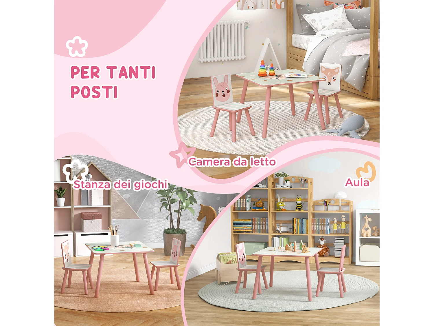 Set tavolo e sedie 3 pezzi per bambini 3-8 anni rosa