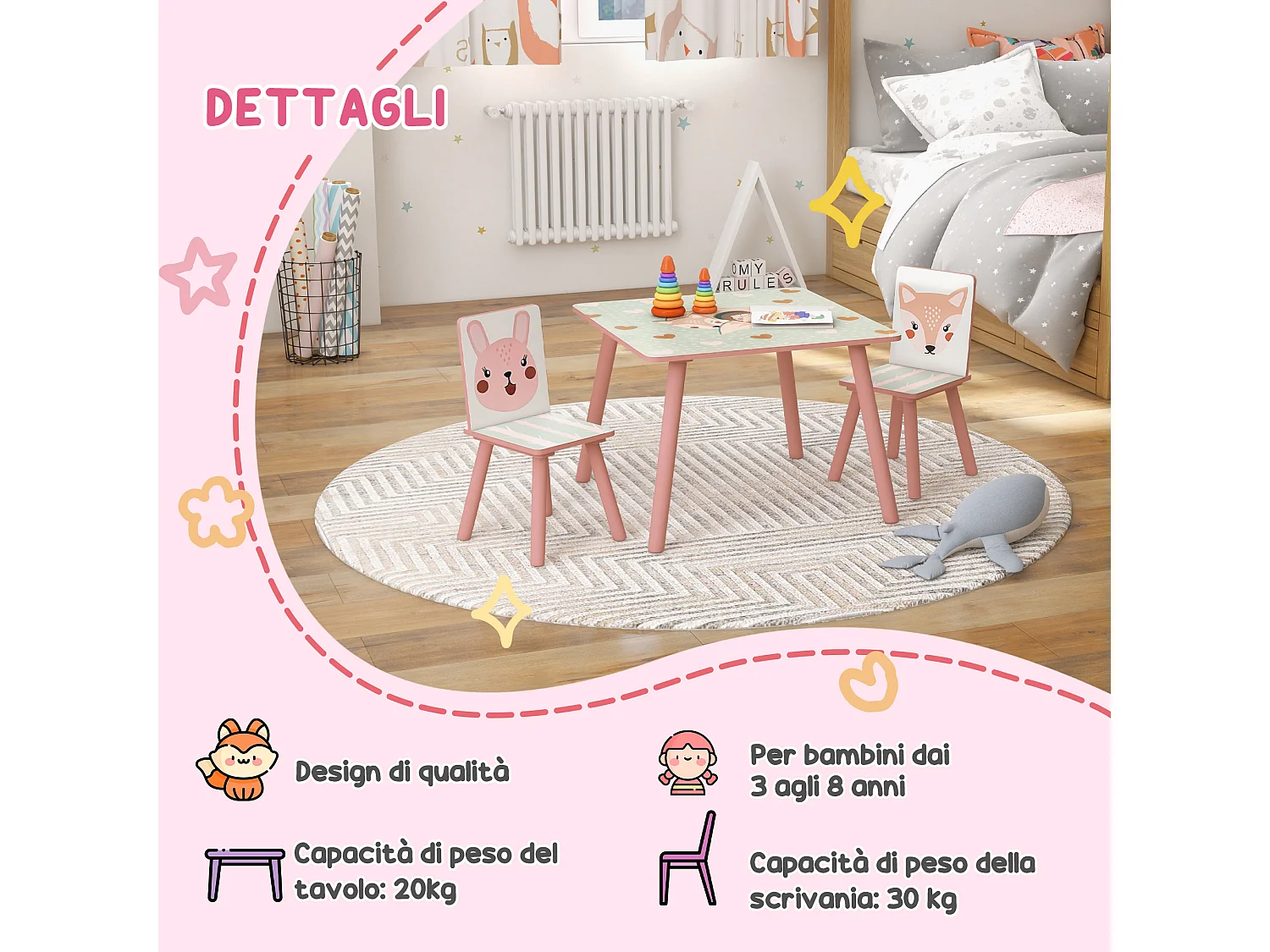 Set tavolo e sedie 3 pezzi per bambini 3-8 anni rosa