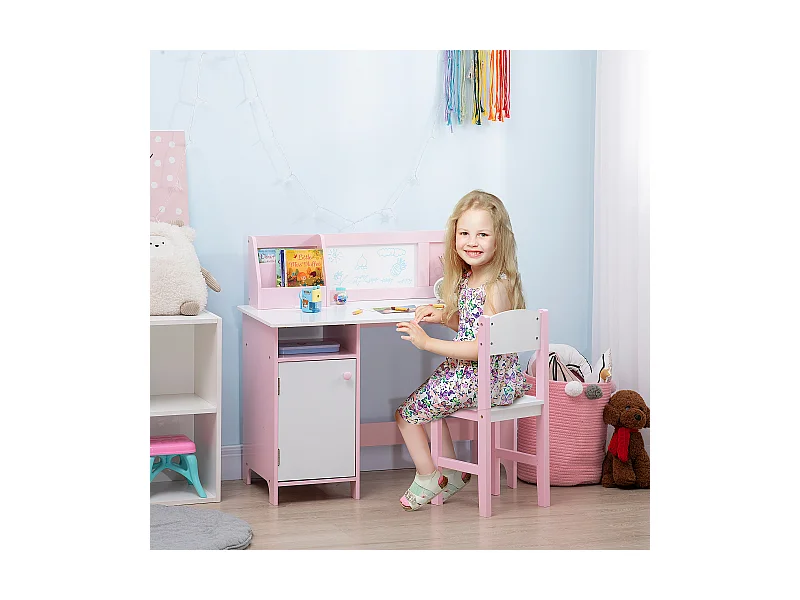 Set per bambini anni con banco scuola con lavagna e sedia bianco rosa