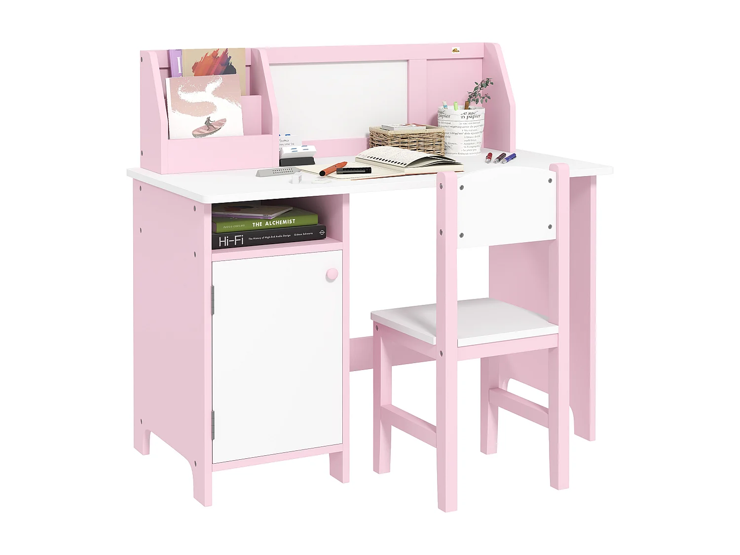 Set per bambini anni con banco scuola con lavagna e sedia bianco rosa