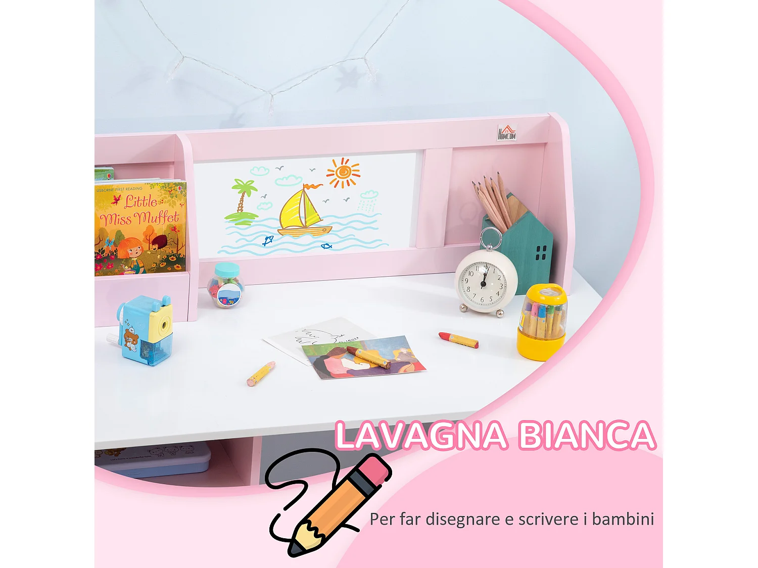 Set per bambini anni con banco scuola con lavagna e sedia bianco rosa