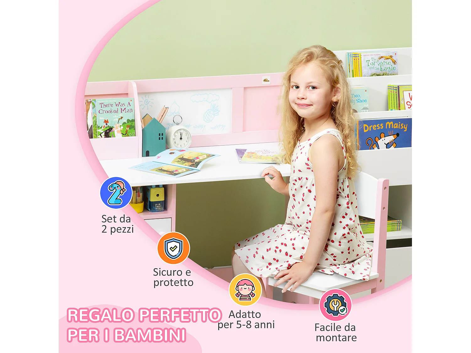Set per bambini anni con banco scuola con lavagna e sedia bianco rosa