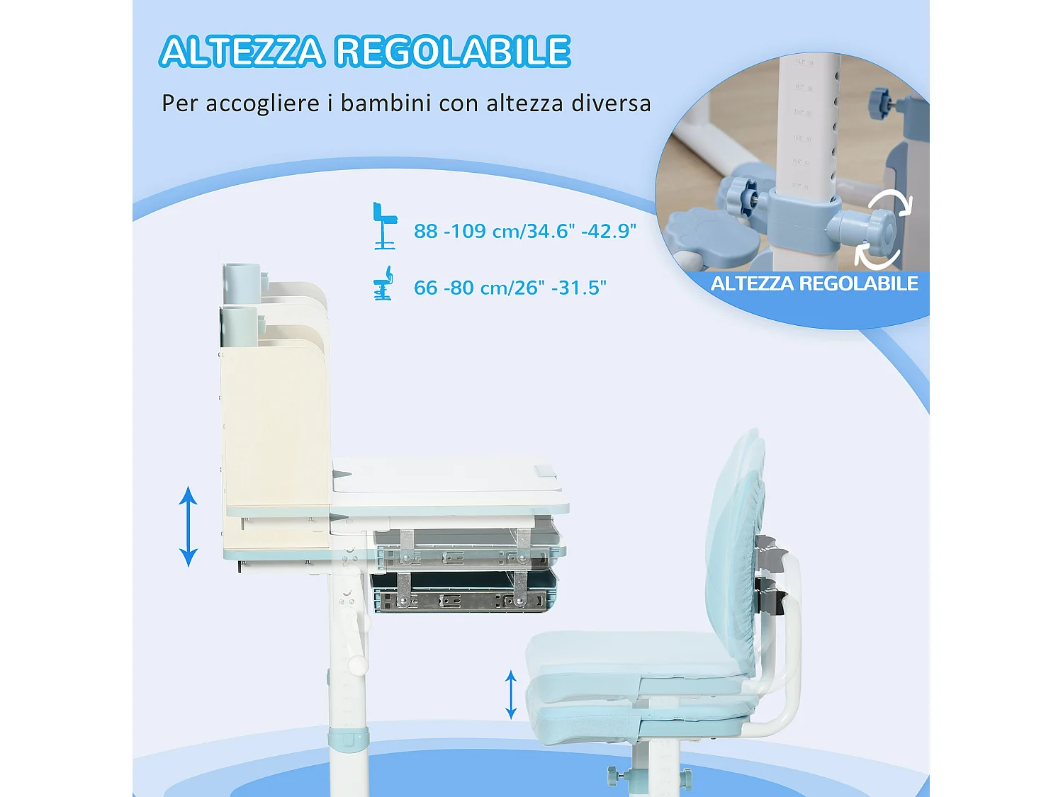 Banco scuola inclinabile e sedia bimbi 3-12 anni regolabili