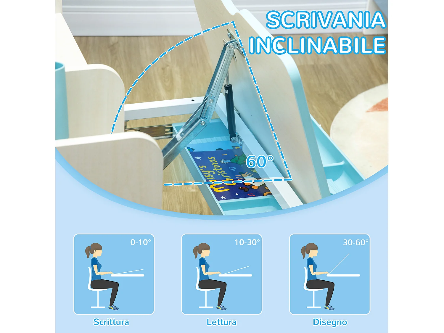 Banco scuola inclinabile e sedia bimbi 3-12 anni regolabili