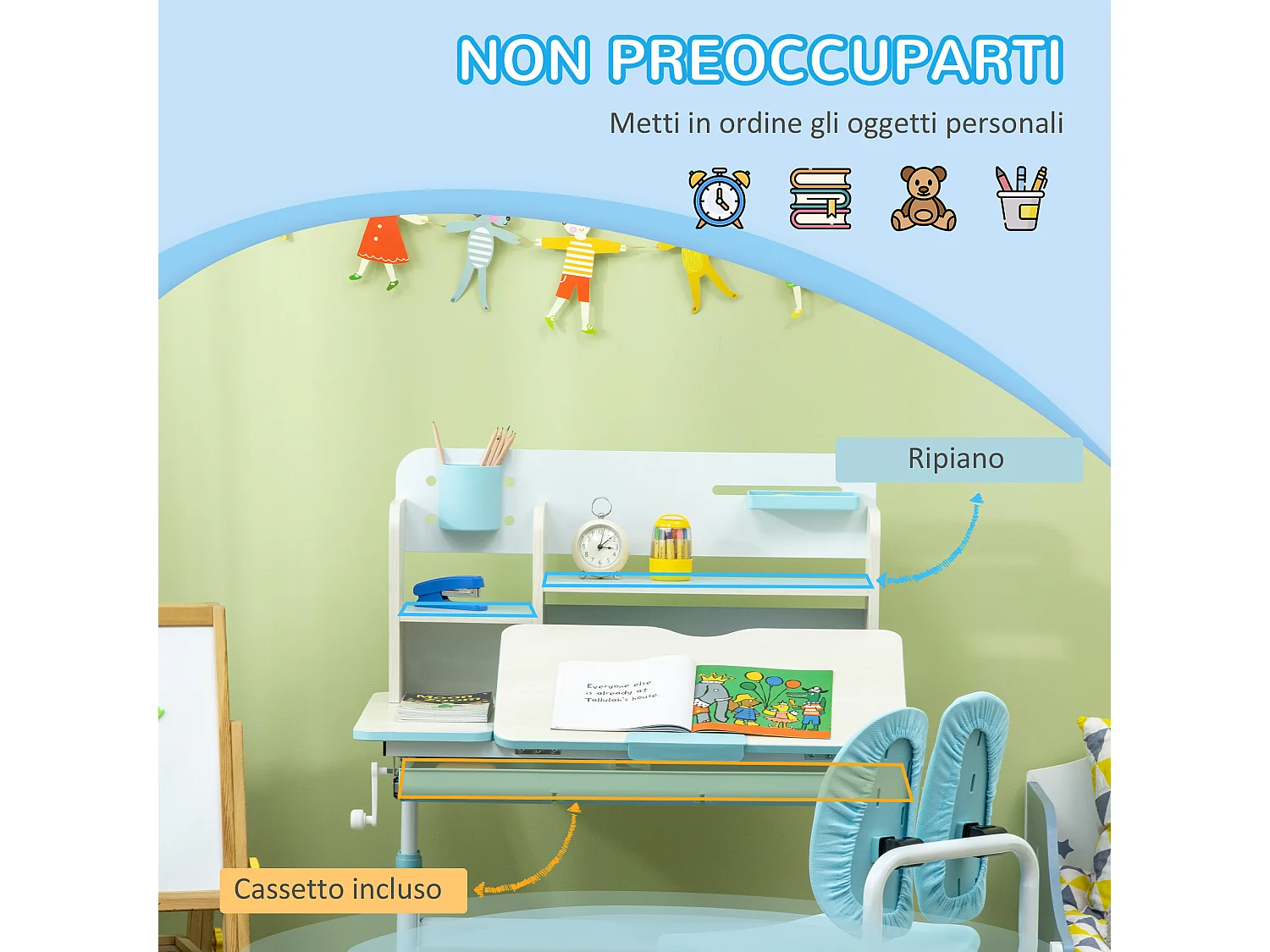 Banco scuola inclinabile e sedia bimbi 3-12 anni regolabili