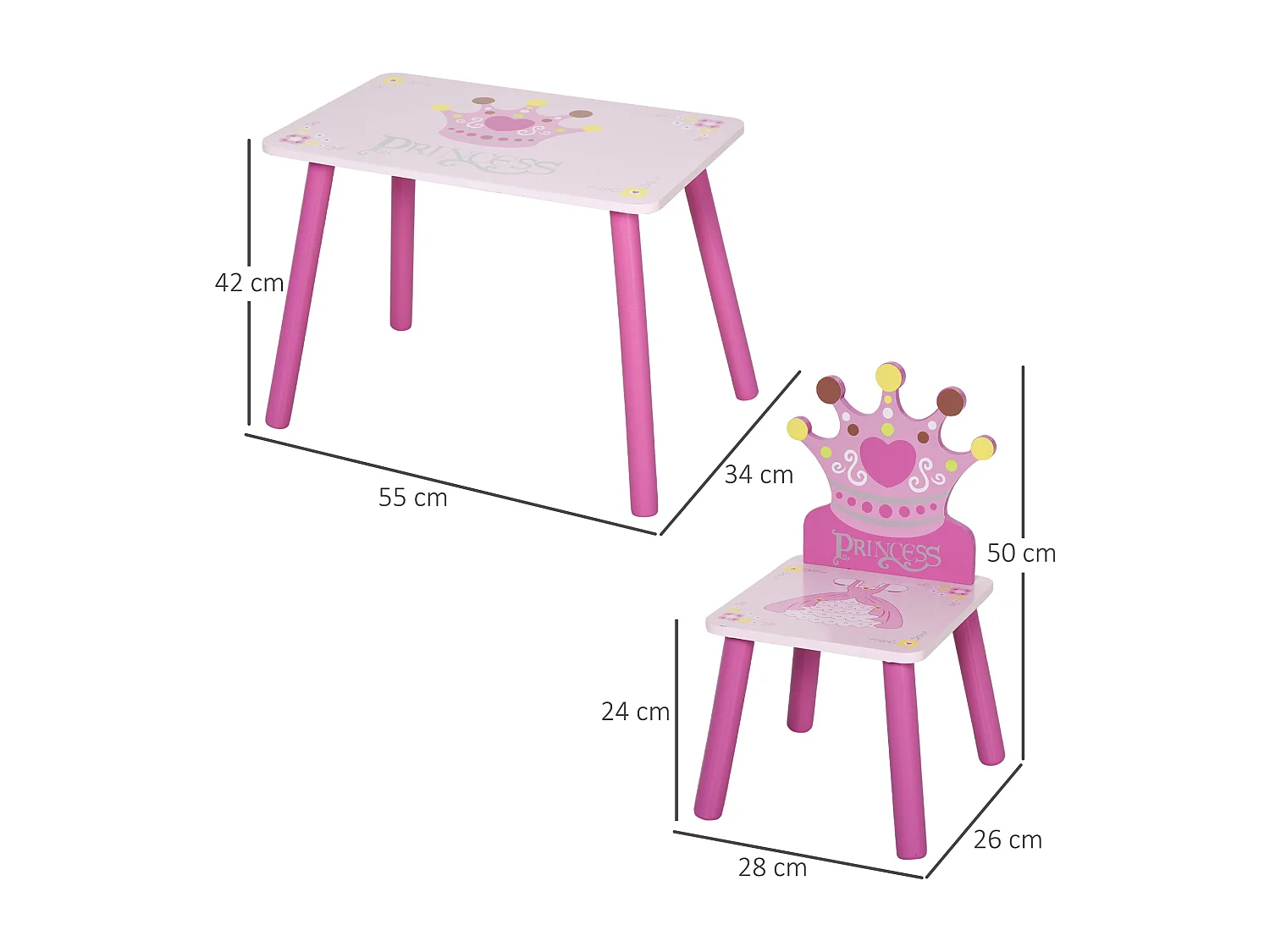 Set tavolo e 2 sedie a tema principesse in legno rosa
