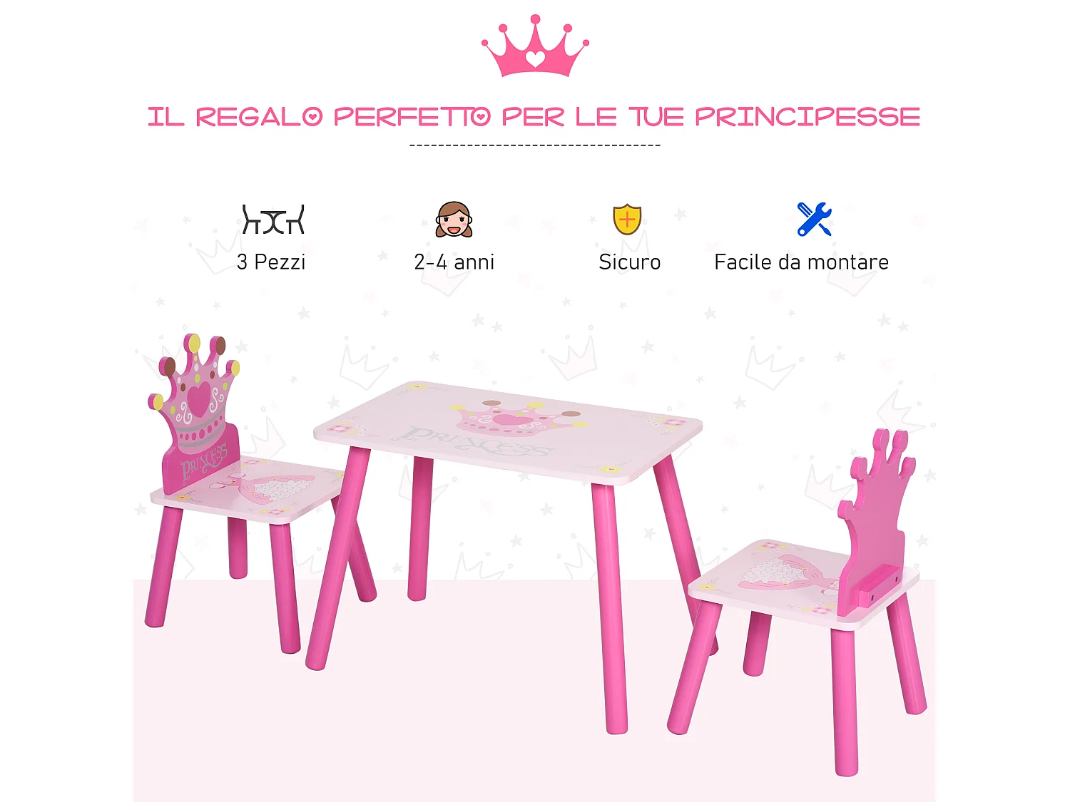 Set tavolo e 2 sedie a tema principesse in legno rosa