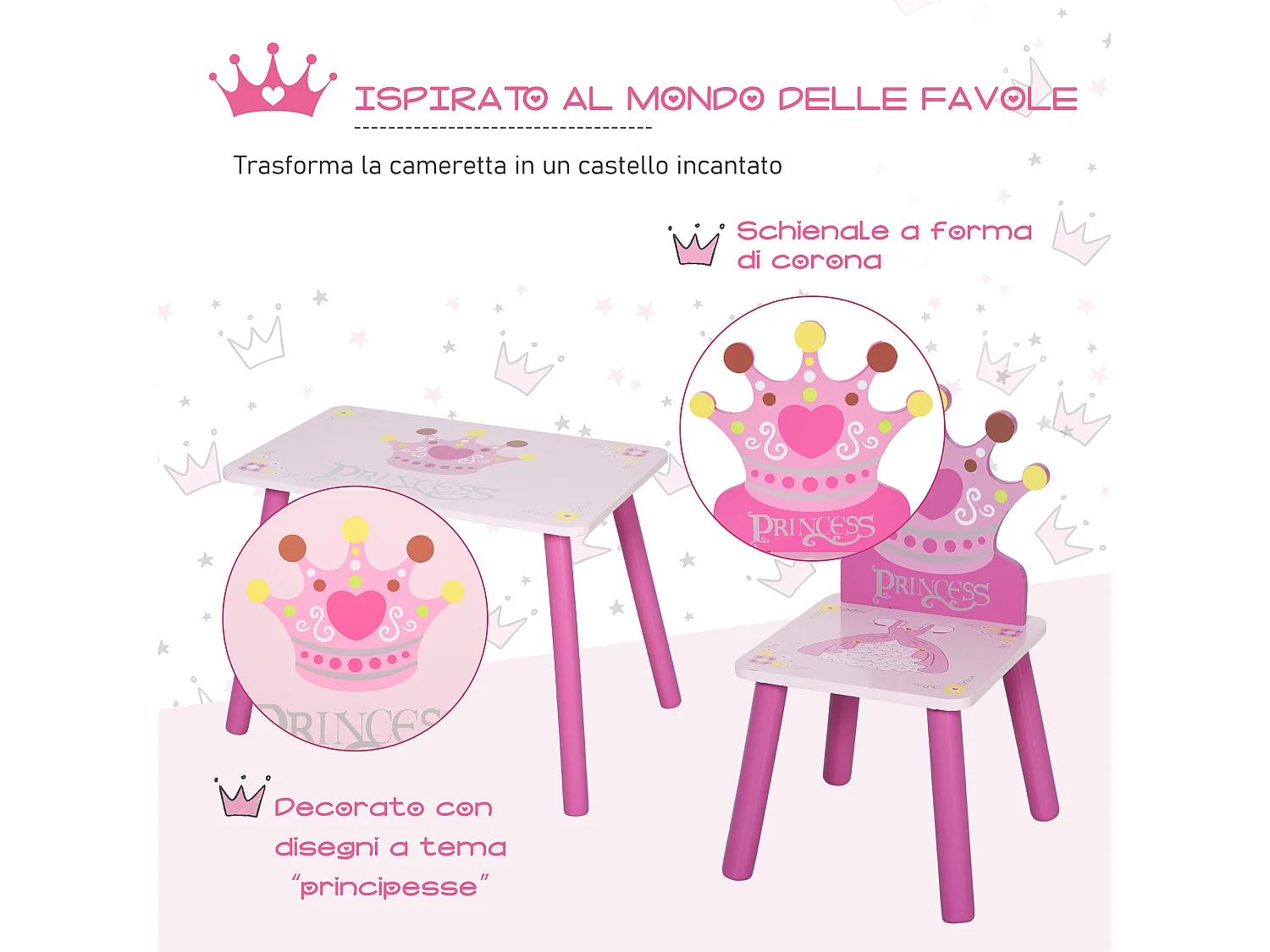 Set tavolo e 2 sedie a tema principesse in legno rosa