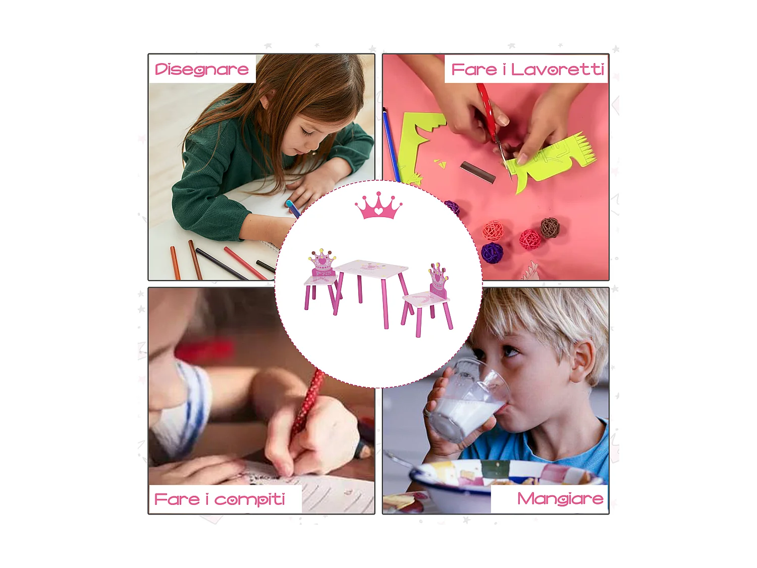 Set tavolo e 2 sedie a tema principesse in legno rosa