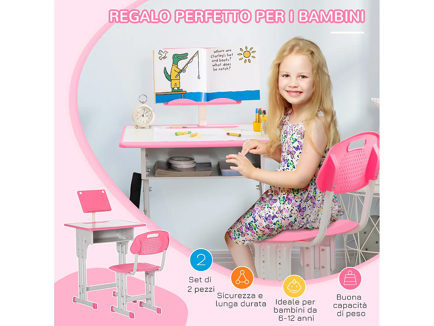 Banco scuola con sedia per bambini regolabile età 6-12 anni rosa