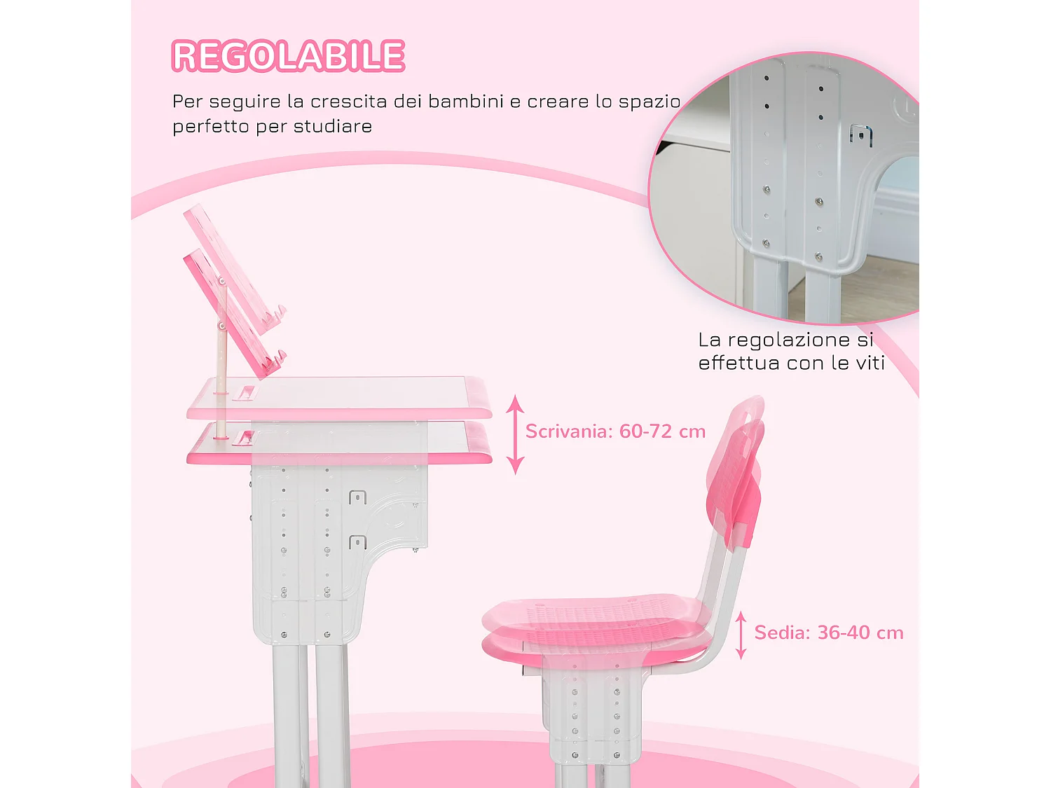 Banco scuola con sedia per bambini regolabile età 6-12 anni rosa