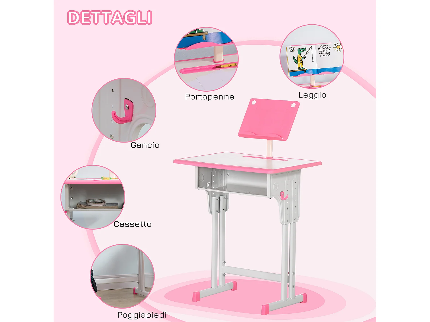 Banco scuola con sedia per bambini regolabile età 6-12 anni rosa