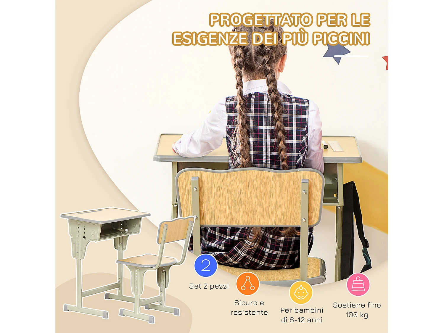 Banchetto scuola con sedia altezza regolabile in acciaio e mdf