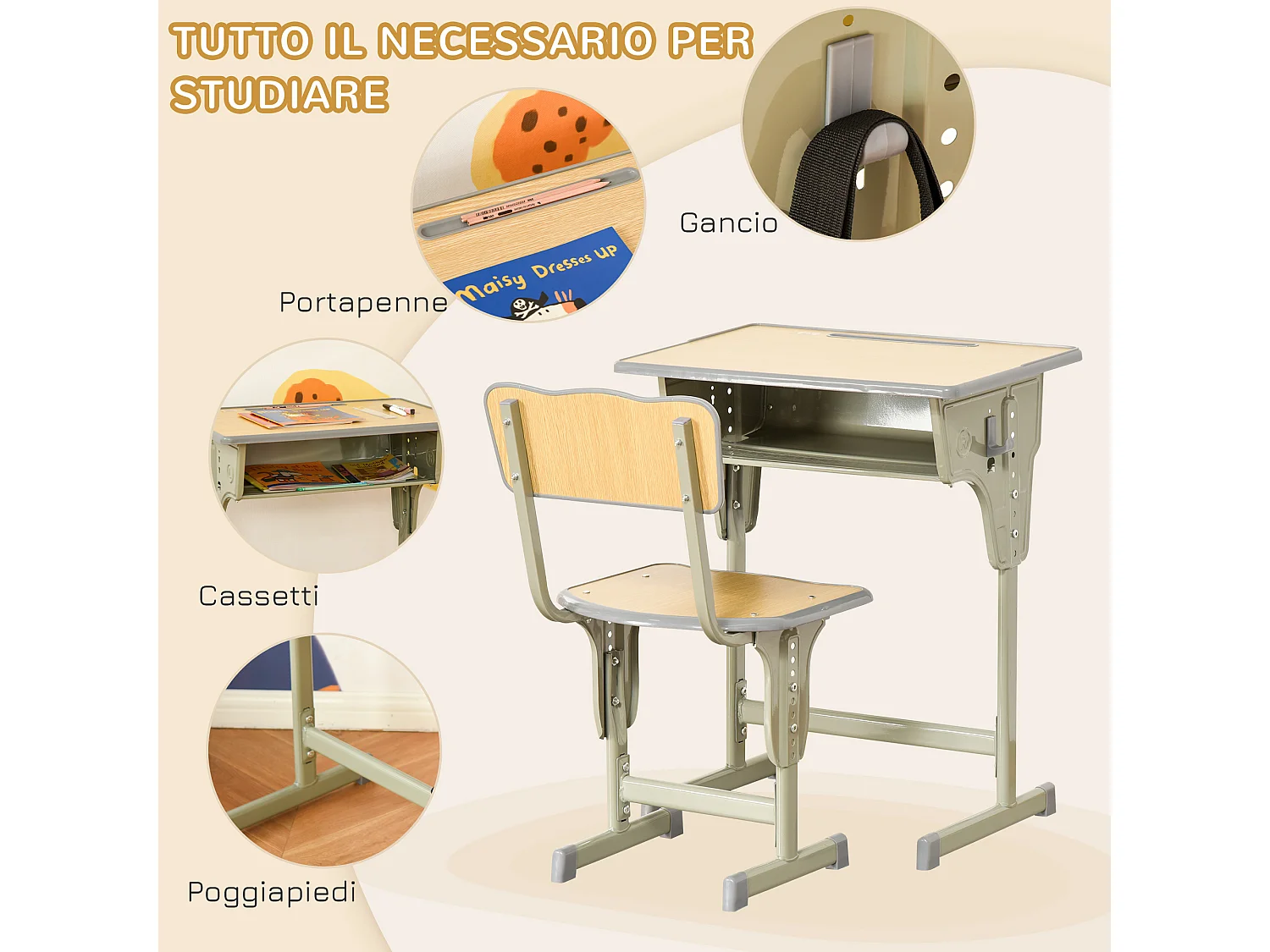 Banchetto scuola con sedia altezza regolabile in acciaio e mdf