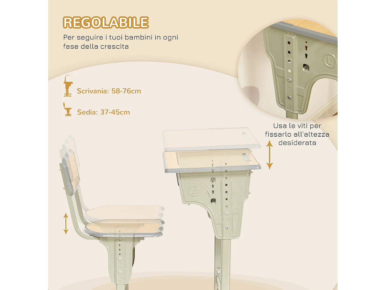 Banchetto scuola con sedia altezza regolabile in acciaio e mdf