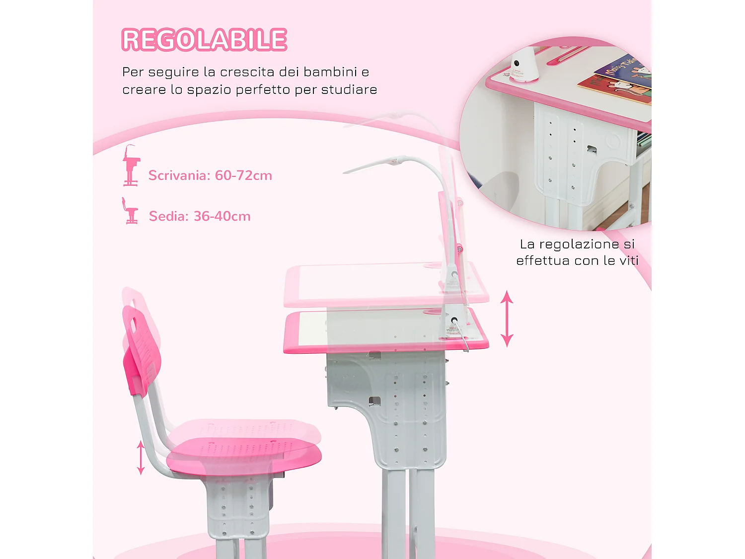 Banco scuola con sedia età 6-12 anni altezza regolabile lampada